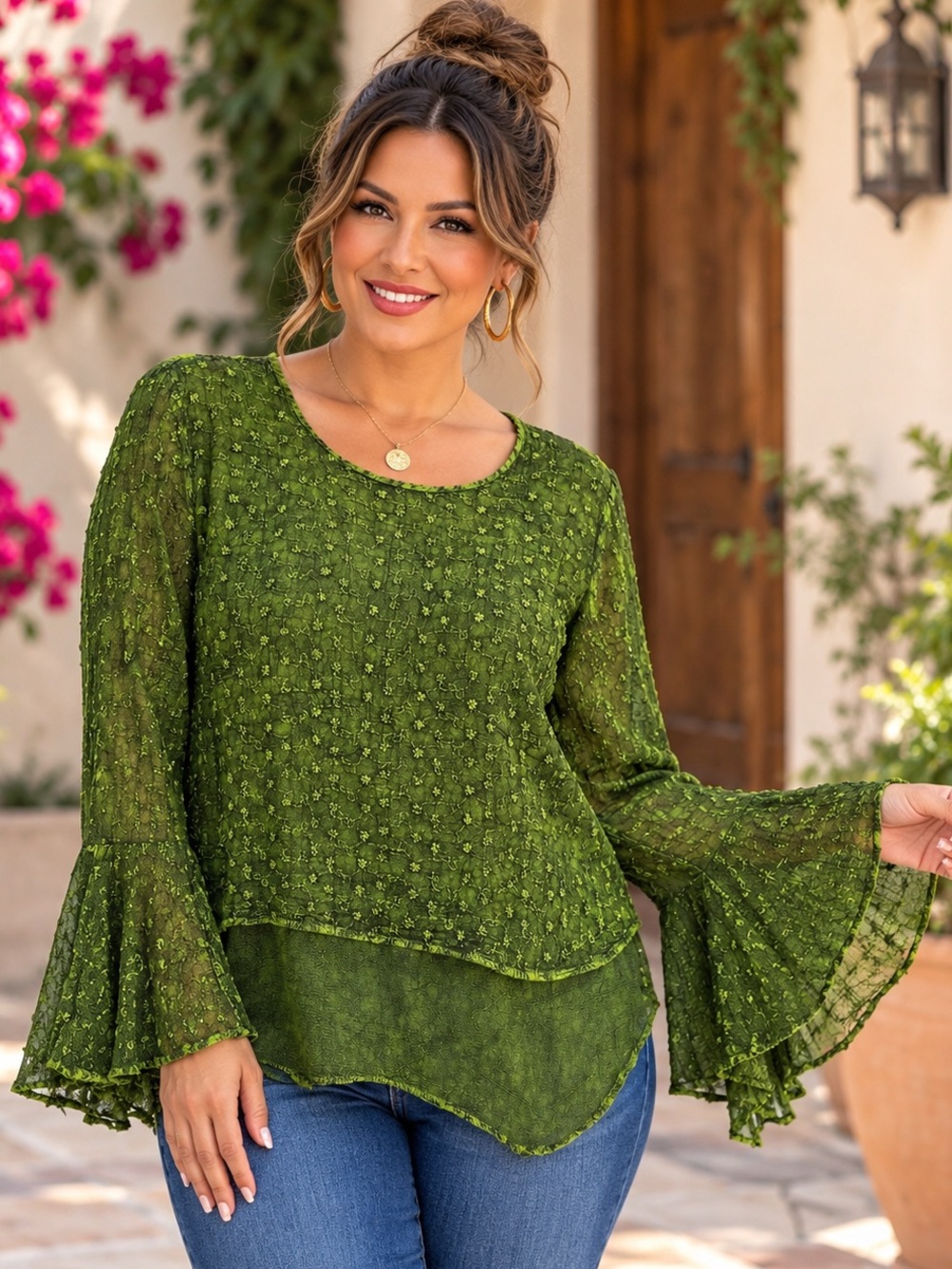 Braja Blouse Free Size/One Size Green Bell Sleeve Boho Rayon